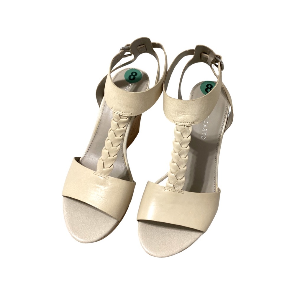 New Franco Sarto Cream Cork Wedge Braided T-Strap platform sandal.